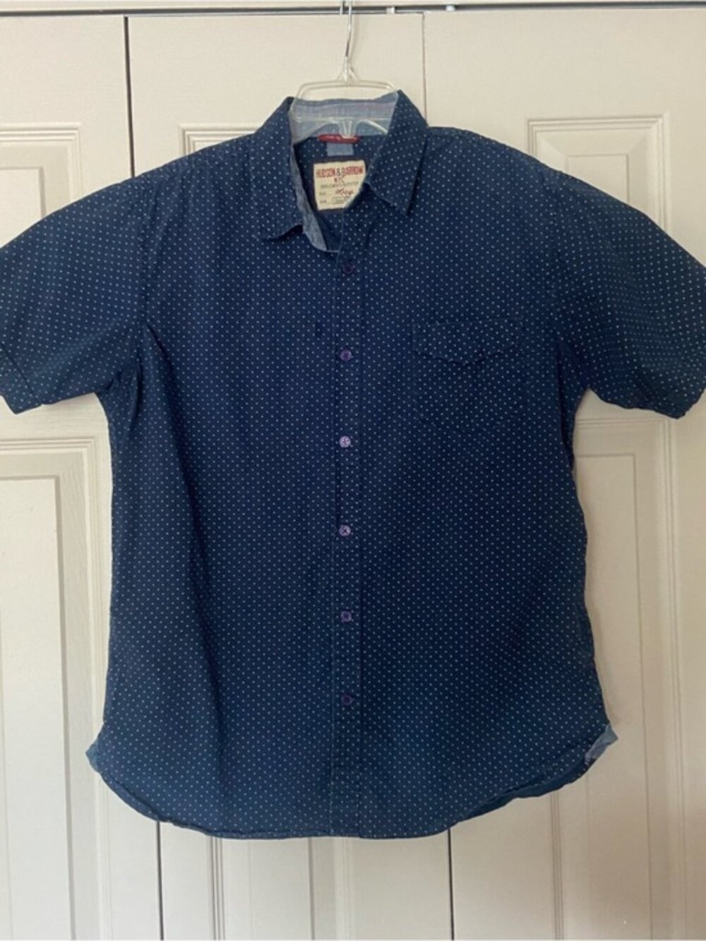 Hudson & Barrow Navy Short Sleeve Button Front Shirt Men's Large